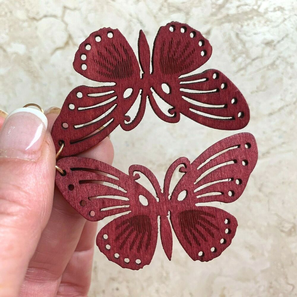 Butterfly Earrings NEW Redwood Cutouts Lightweight Dangle French Hooks Boho - Picture 7 of 8